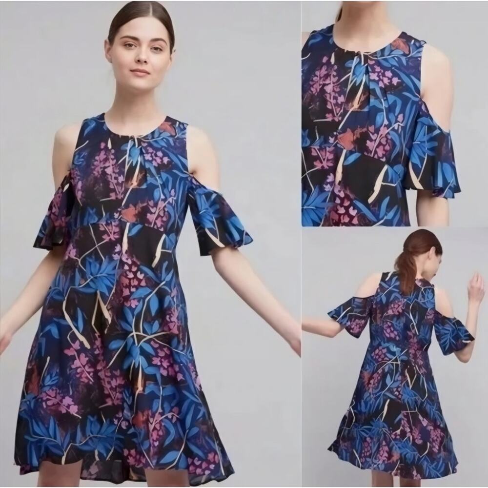 Anthropologie Maeve Elia Size 4 Open-Shoulder Flutter Sleeve Floral Midi Dress